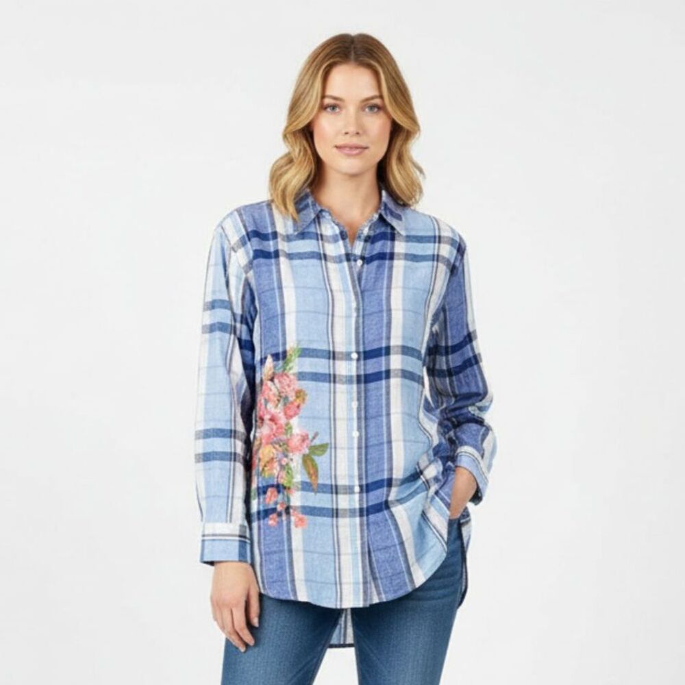 Ralph Lauren 100% Linen Blue & White Plaid Checkered Gingham Blouse Top S